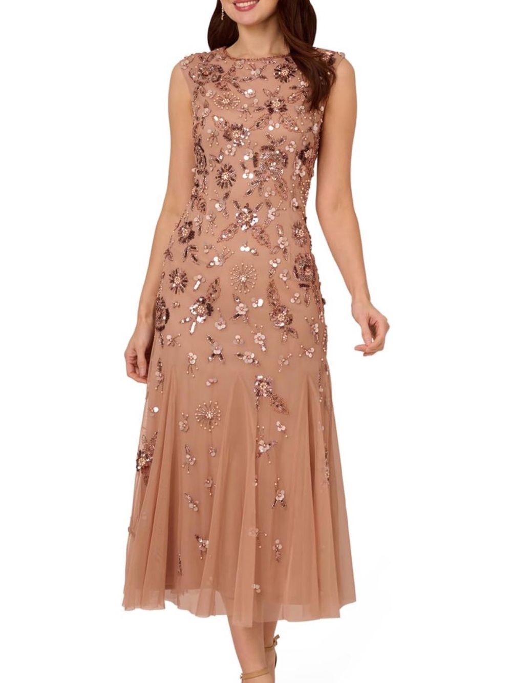 NWT Adrianna Papell Rose Gold Sequin and Pearl Embellished Midi Dress